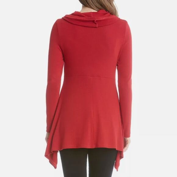 Karen Kane Red Cowl Neck Handkerchief Asymmetric Hem Tunic Sweater Womens Small - Picture 2 of 9